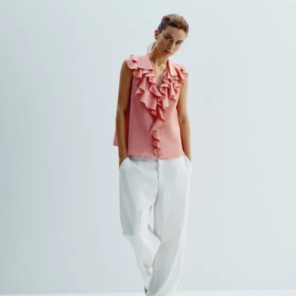 ZARA COTTON LINEN SLEEVELESS RUFFLE BLOUSE TOP S - Picture 4 of 5